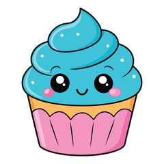 Adorable kawaii blue frosted cupcake with big sparkly eyes and rosy cheeks in a pink wrapper isolated on white background