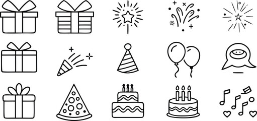 Collection of hand drawn doodle icons representing birthday celebration elements including gifts party hats cakes fireworks and balloons for festive design