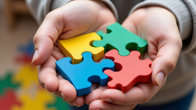 Hands holding colorful puzzle pieces representing connection and unity indoors - Powered by Adobe