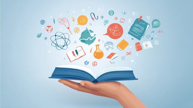 A conceptual illustration showing a hand with a book, surrounded by educational icons, clean background emphasizing learning.