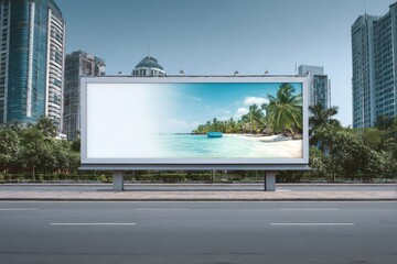 A digital billboard mockup in a dense cityscape displaying a travel agency ad, tropical beach background, and defined header space for special promotion text.