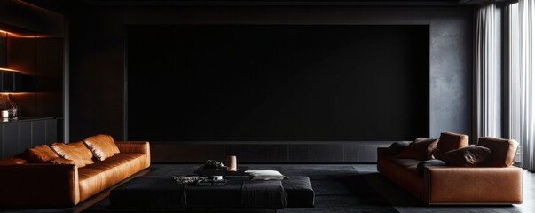 Contemporary living room with dark tones and comfortable seating.