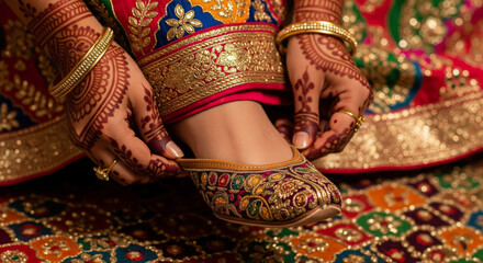 Bride's hands with intricate henna adorned, carefully adjusting her ornate embroidered jutti for a festive occasion.