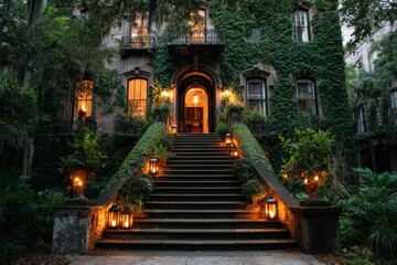 Fototapeta premium A historic Southern home in Savannah with a grand staircase, ivy-covered walls, and flickering lanterns at dusk.