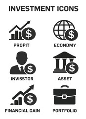 Investment Icons Set in Black Silhouette Style, Finance and Business Symbols for Profit, Economy, Investor, Asset, Financial Gain, and Portfolio, Perfect for Infographics and Presentations

