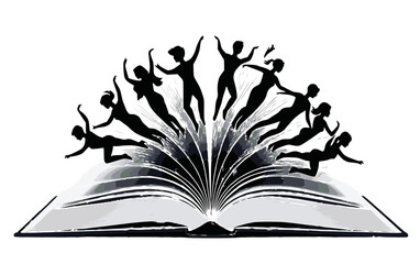 Open book depicting friendship with silhouettes of jumping figures in a creative design