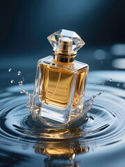 Elegant perfume bottle splashing in water imagery, 3d Illustration