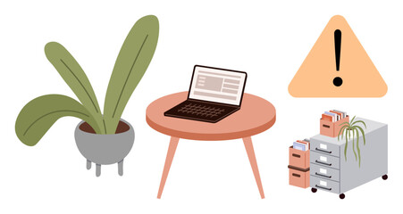 Laptop on table beside potted plant, filing cabinets with documents, and warning sign. Ideal for organization, productivity, office setup, data management, caution, remote work simple flat metaphor