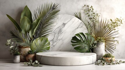 3D product display podium, round marble platform with subtle veins, surrounded by artfully arranged tropical leaves, pure white seamless background, minimal and elegant style, soft natural light