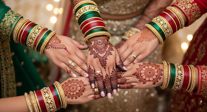 Beautiful henna adorned hands with vibrant bangles celebrate cultural traditions and feminine connection