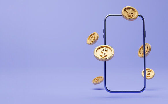 Golden coins include dollar Yen yuan Euro Ruble Won and pound sterling with mobile phone frame for currency exchange and forex trading concept by 3d render illustration.