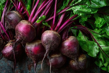 A vibrant bunch of beetroots with fresh green leaves, showcasing their rich purple-red color and round, earthy forms.