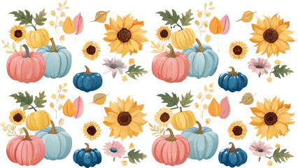 Seamless pumpkin pattern with autumn leaves and fall vegetables