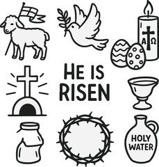 Easter and Christian Symbols Icon Set, Black and White Line Art Illustrations Featuring Cross, Lamb, Dove, Crown of Thorns, Eggs, Candle, Chalice, Tomb, and Holy Water for Religious Designs

