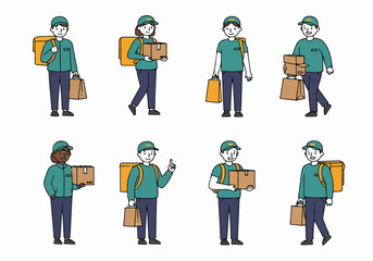 Diverse Delivery Service Workers Cartoon Illustrations with Packages and Bags for Fast E-commerce Logistics and Courier Shipping