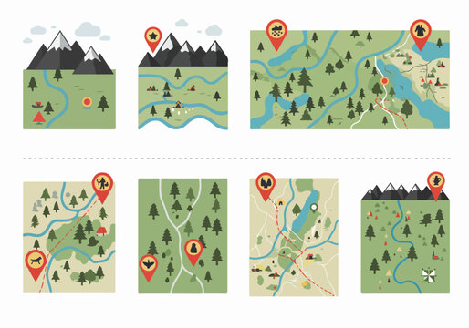 Outdoor adventure and nature exploration concept with stylized maps and location pins.
