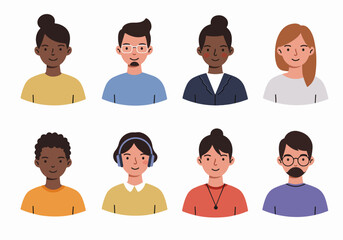 Fototapeta premium Diverse group of multi-ethnic people avatars with smiling faces, representing various genders and ages in a friendly, flat design style illustration.