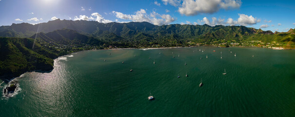 Magnificent aerial view of the bottom of the HANE and HOKATU valleys on the island of UA HUKA in the Marquesas archipelago in French Polynesia