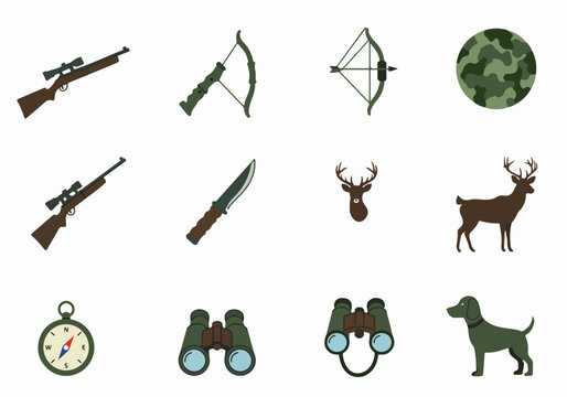 Hunting and Outdoor Adventure Icon Set: Rifles, Bows, Deer, Dog, Binoculars, and Camouflage Elements