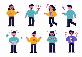 Diverse Cartoon Characters Displaying Various Emotions and Actions, Including Communication, Love, Anger, Ideas, and Sadness in a Flat Design Style