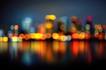 Blurred city skyline at night with warm colorful bokeh reflections.