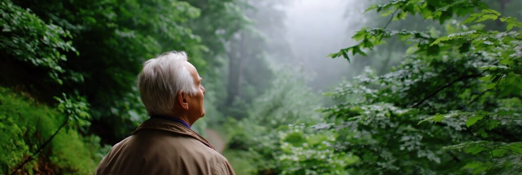 Elderly caucasian male enjoying a misty forest walk amidst lush greenery