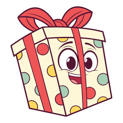 Naklejka premium Joyful gift box character smiles with a bow and colorful polka dots on its surface