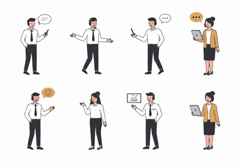 Diverse Business Professionals Illustrations: Communication, Data, and Digital Interaction