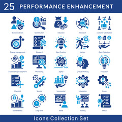 Performance Enhancement icon set collection in solid glyph style. an icon pack contain identification, reduction, research, customer satisfaction, change management, standard, best, action, data
