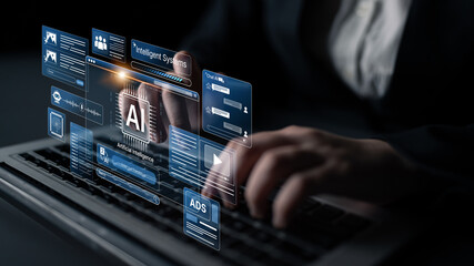 Obraz premium AI Assistant Brain Processor with LLM Technology, Big Data, Machine Learning, Generative AI for Business Support, Future Agentic AI Technology and Artificial Intelligence Prompt Engineering. Spline