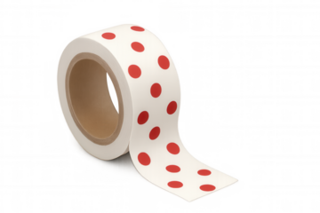 Roll of white sticker tape with red dots unrolled on a transparent background, ready for your creative projects