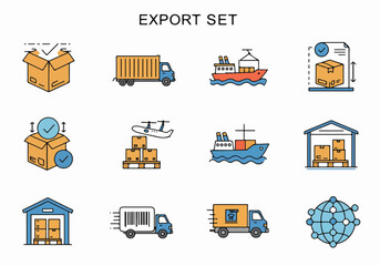 Export and Logistics Icon Set: Global Shipping, Delivery, and Supply Chain Processes for Business and E-commerce Transportation Solutions