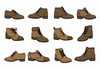 Collection of Brown Men's Shoes and Boots in Various Classic Styles - Hand-drawn Vector Illustration on White Background