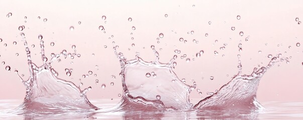 Water splash with droplets on a light pink background.