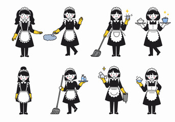 Set of happy cartoon maids performing various household cleaning and service tasks, including sweeping, dusting, and serving, in a friendly manner.