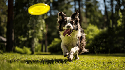 Energetic border collie chasing flying disc in sunny park
