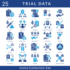 Trial Data icon set collection in solid glyph style. an icon pack contain protocol, exclusion, fda, endpoint, prospect, events, comparation, monitoring, document management