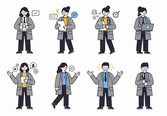 Diverse Medical Professionals Illustration Set: Doctors and Healthcare Workers Engaging in Various Tasks with Business and Technology Icons