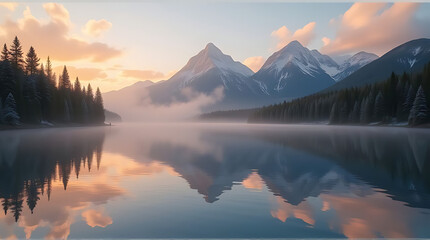Fototapeta premium A tranquil lake reflects the stunning colors of the sunset as mountains loom in the background. Mist rises from the water, creating a serene atmosphere in the evening light.
