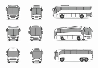 Collection of White Bus Vector Illustrations: Front and Side Views of Public Transportation Vehicles