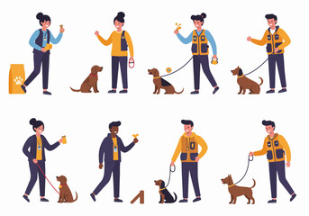 Dog Training, Walking, and Care with People and Pets. Flat Vector Illustration Set.