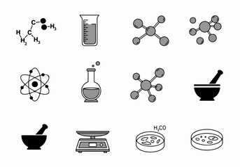 Science and Chemistry Lab Icons: A Comprehensive Set of Scientific Research Tools and Molecular Structures
