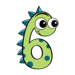 Number Six is Shown as a Spiked Green Cartoon Dinosaur with a Transparent Background