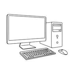 Desktop computer setup with monitor, keyboard, and mouse, simple vector linear illustration, black and white  
