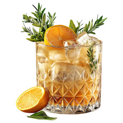 Cocktail with Orange Garnish: A refreshing and artistically presented cocktail, featuring an orange slice and rosemary sprigs, creating a visually appealing beverage for any occasion. 