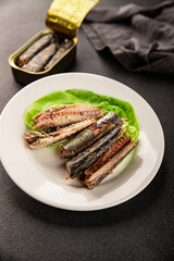 Sardine canned food sprats fish seafood fresh pescetarian diet gourmet food background on the table rustic food top view copy space keto and paleo diet