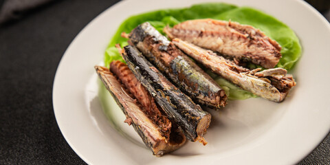 Sardine canned food sprats fish seafood fresh pescetarian diet gourmet food background on the table rustic food top view copy space keto and paleo diet