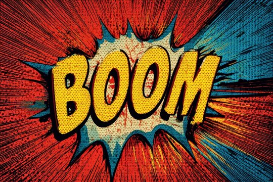 Double Exposure Comic Book Speech Bubble BOOM - Retro Pop Art Stock Photo.