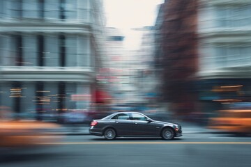 Fototapeta premium Dynamic panning shot of car on urban street with blurred background buildings.