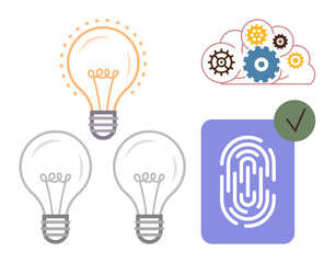 Lightbulbs symbolizing ideas, gears in a cloud symbolizing processes, and a fingerprint for security. Ideal for creativity, innovation, process design, technology, problem-solving, identity